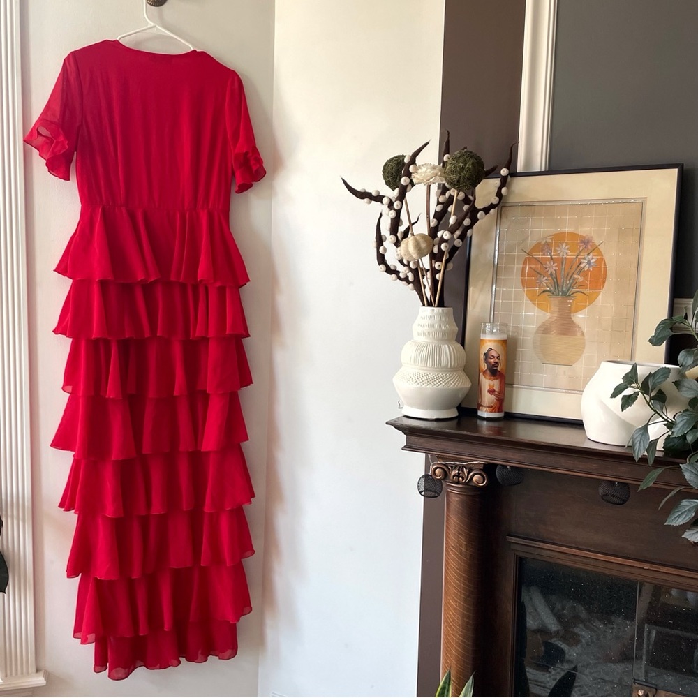 PrettyLittleThing Red Chiffon Ruffle Layer Maxi Dress | Size 6 - Picture 5 of 10